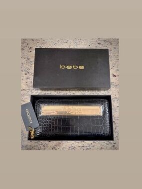 bebe Black Zip-Around Croc Wallet with Gold Hardware